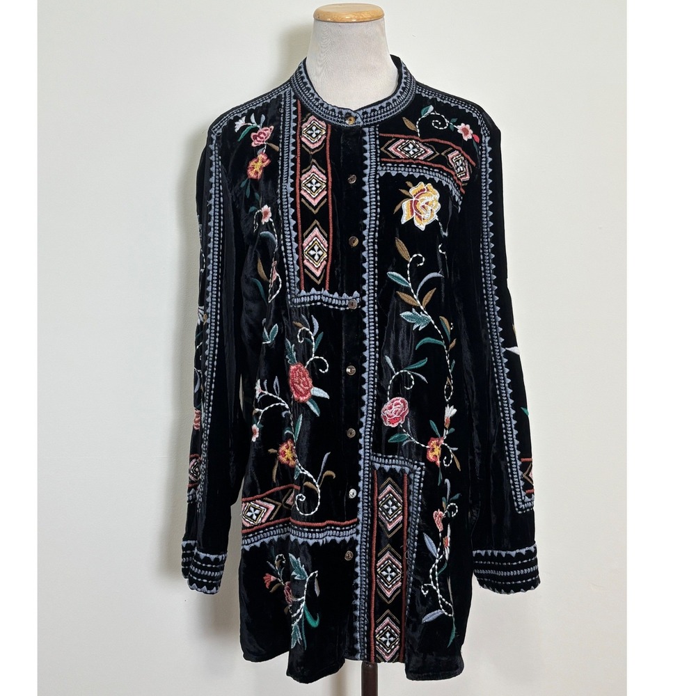 John Mark Womens Embroidered Velvet Floral Tunic Top Size Large Flowy Back Boho